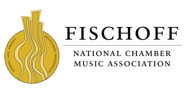 Fischoff National Chamber Music Association logo. A gold circle containing stylized, upward-flowing lines and the words "Inspiring Lives Through Breathtaking Performances" sits to the left of the association name.