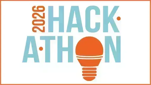 Hackathon 2026 logo. Blue letters with an orange lightbulb in place of the O.